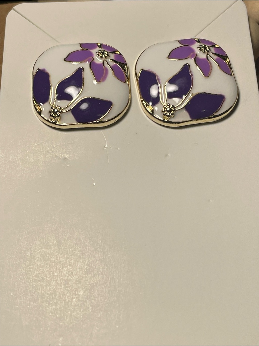 Gold-Trim Purple & White Floral Enamel Button Earrings